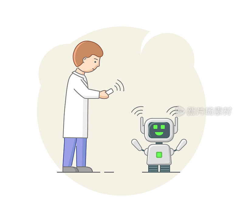 Concept Of Robotics. Man Coding And Set Robot Using Remote Control. AI And Business IOT, Chat Bot, Future Marketing. Teaching Robot To Serve People. Cartoon Linear Outline Flat Vector Illustration